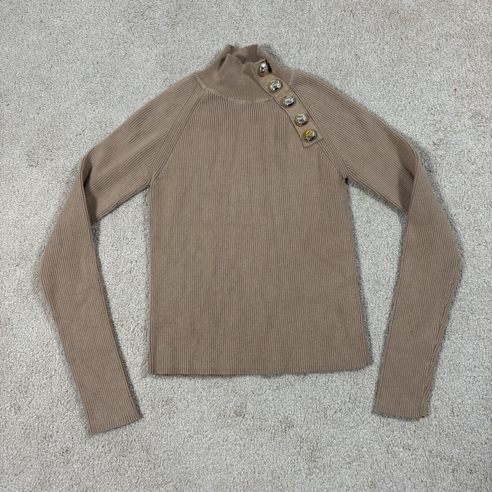 ZARA Women Brown Ribbed Knit Mock Neck Button Shoulder Pullover Sweater Medium